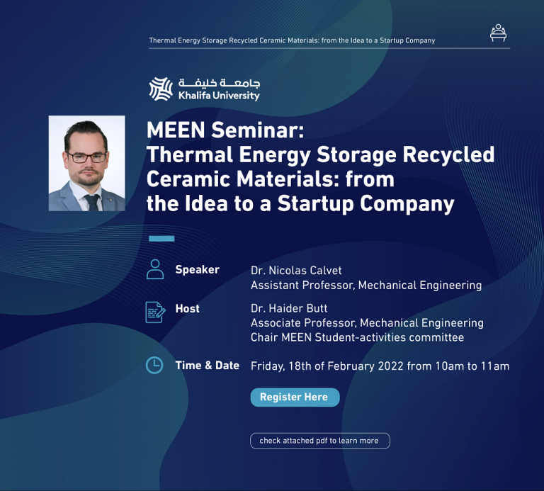 MEEN Seminar: Thermal Energy Storage Recycled Ceramic Materials: From Idea to Startup Company